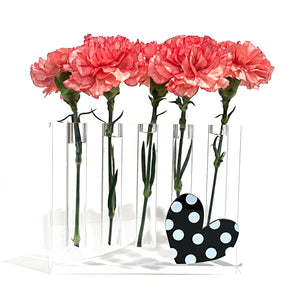 5 hole clear acrylic vase with black & white polka dot heart attachment