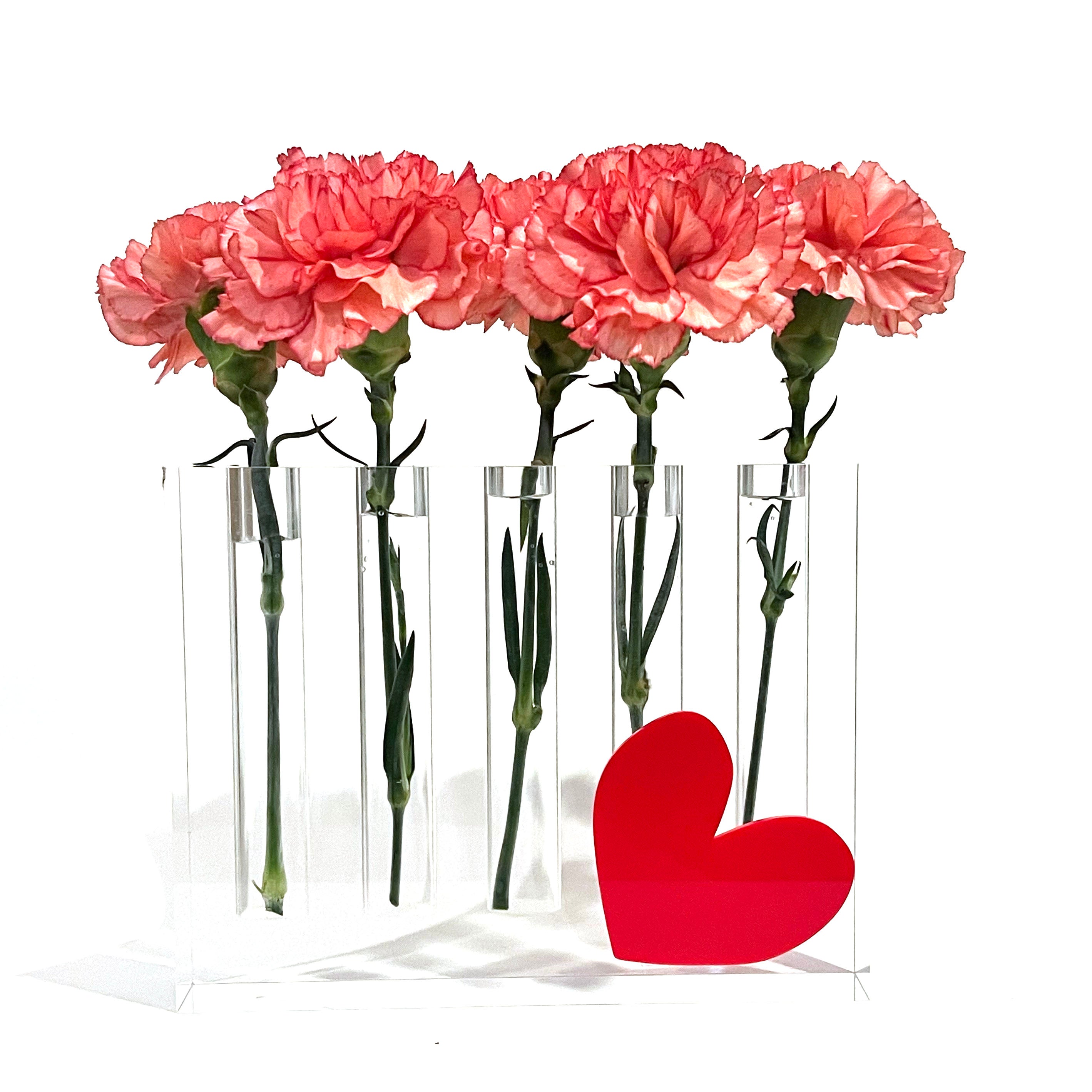 5 hole clear acrylic vase with red heart attachment